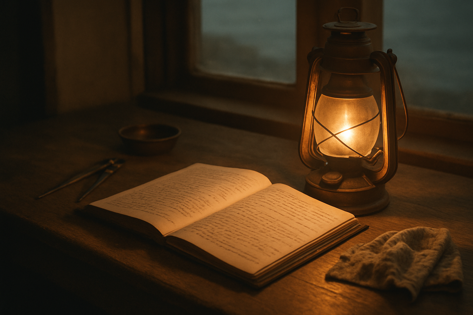 Warm lamplight over a weathered keeper's desk with an open logbook, brass lantern, and salt-stained tools