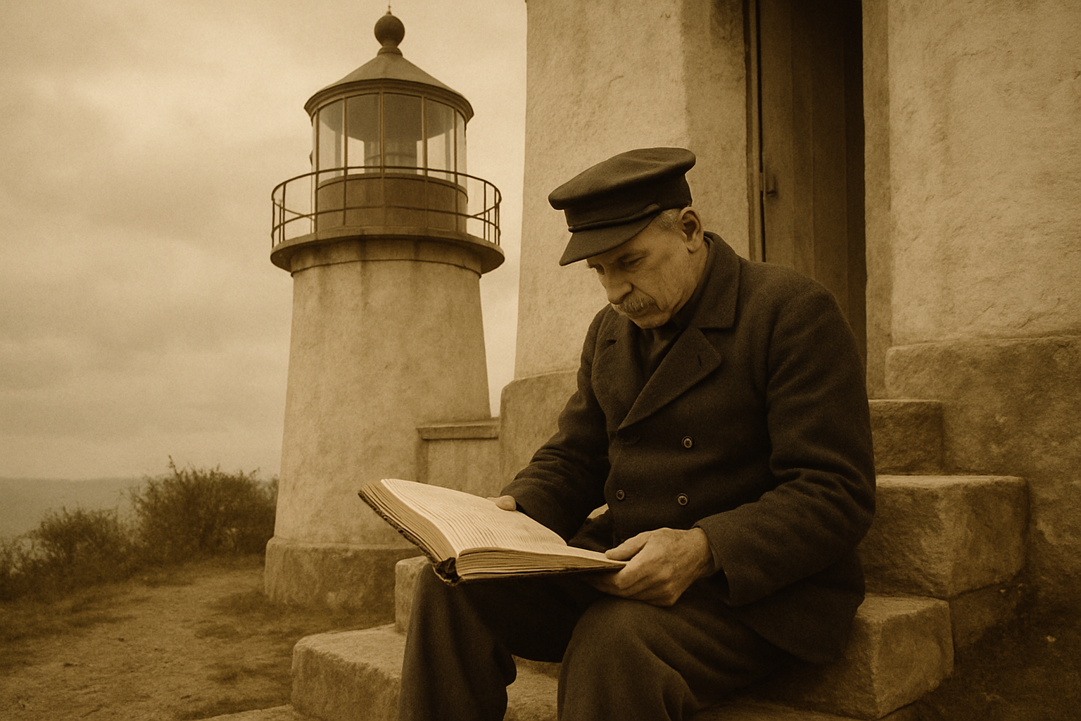 Vintage coastal photograph of a keeper seated on stone steps reviewing a logbook outside a lighthouse
