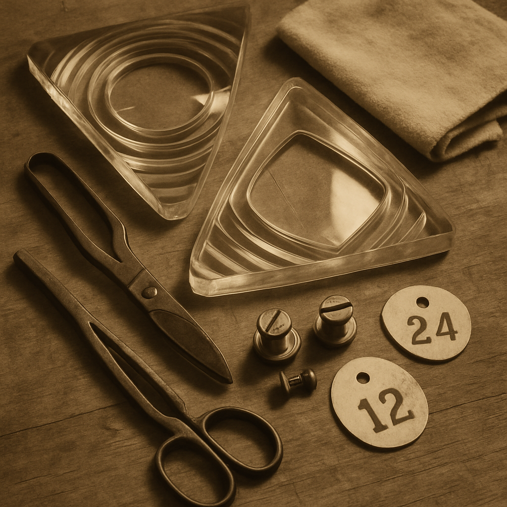 Historic close-up photo of polished lens prisms and wick tools laid on a timber maintenance bench