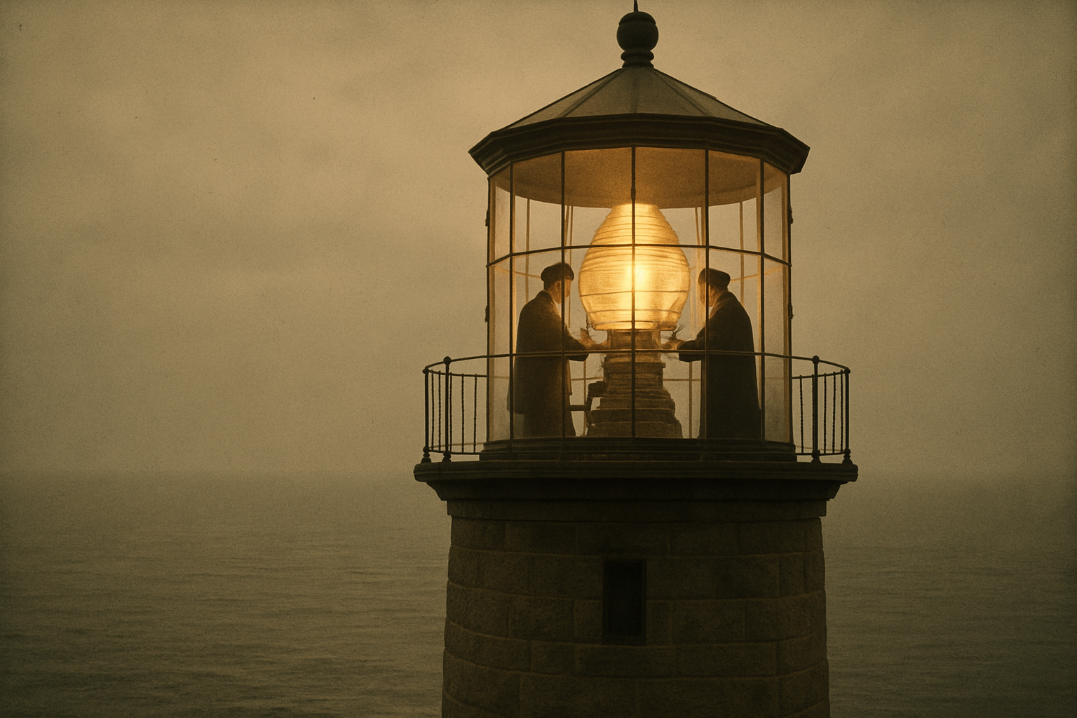 Large archival photo of Cape Rowan lighthouse lantern room at dusk with keepers on the gallery