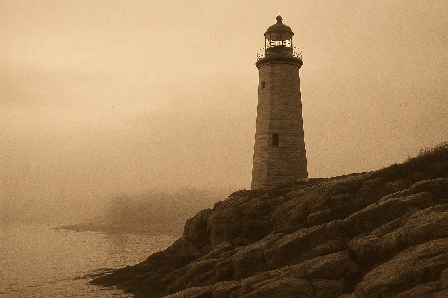 Large archival photograph of a granite lighthouse above a fog-bound harbor at dawn, with warm film grain