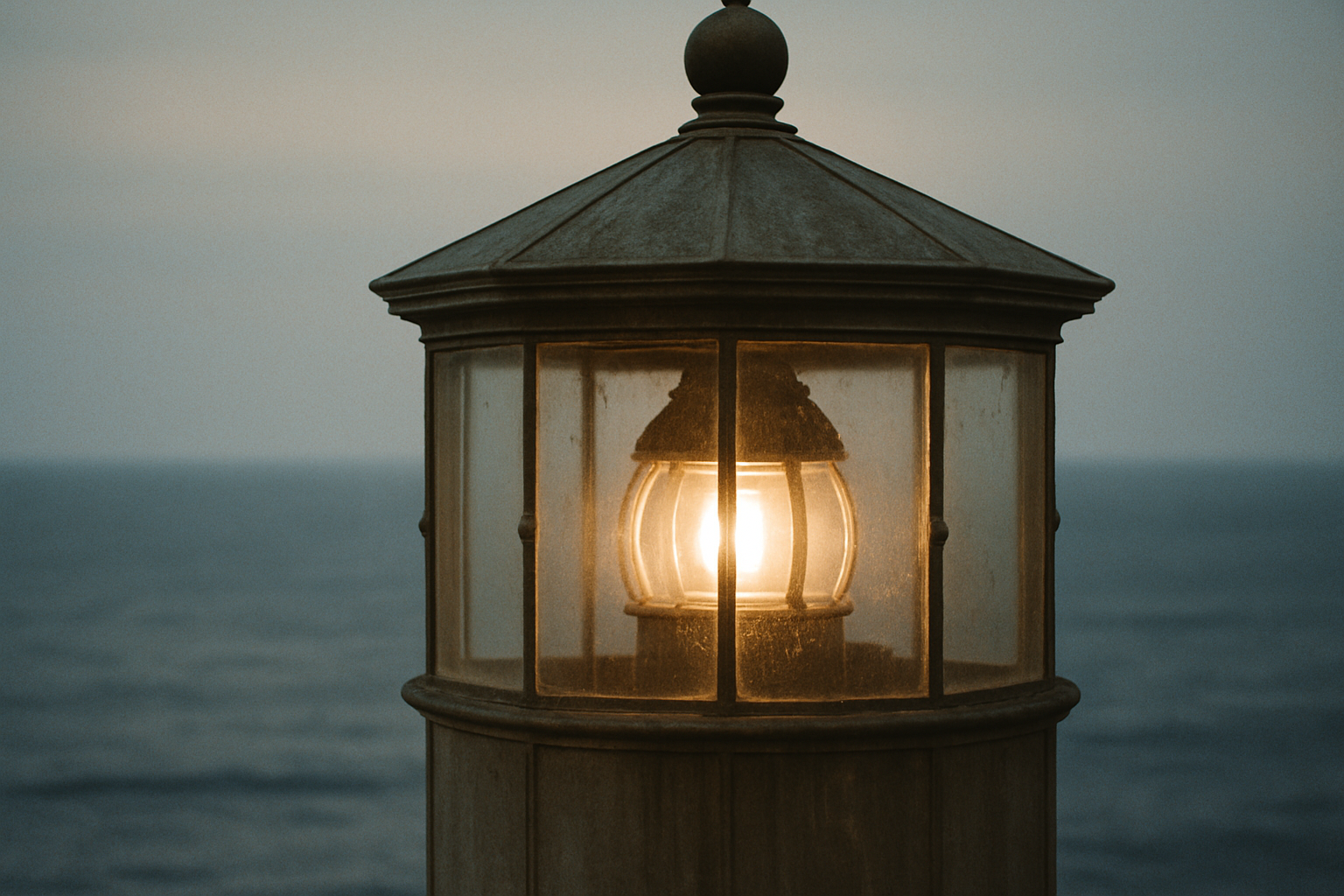 Close view of a weathered lighthouse lantern and salt-streaked glass at dusk on the northern coast