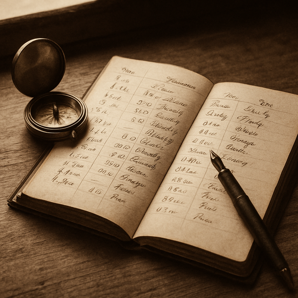 Close archival view of handwritten reef weather logbook on oak desk beside brass compass