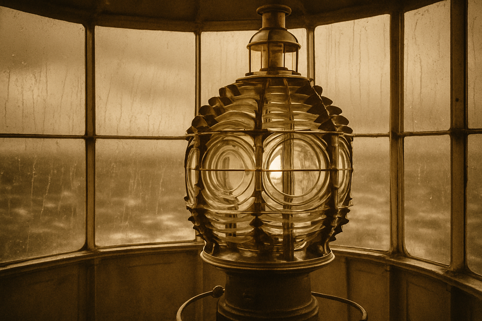 Archival interior image of a lighthouse lantern room with brass mechanisms during a coastal storm