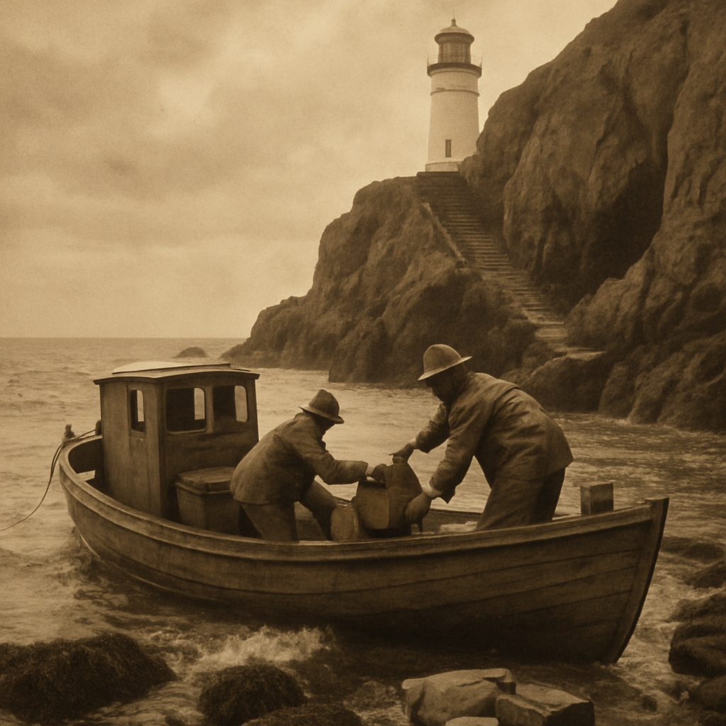 Archival coast image of wooden supply boat approaching stone landing beneath a lighthouse bluff