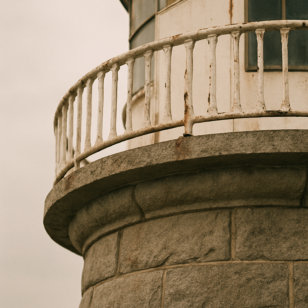 Detail crop of weathered lighthouse stone and peeling painted metal railing with salt-worn texture