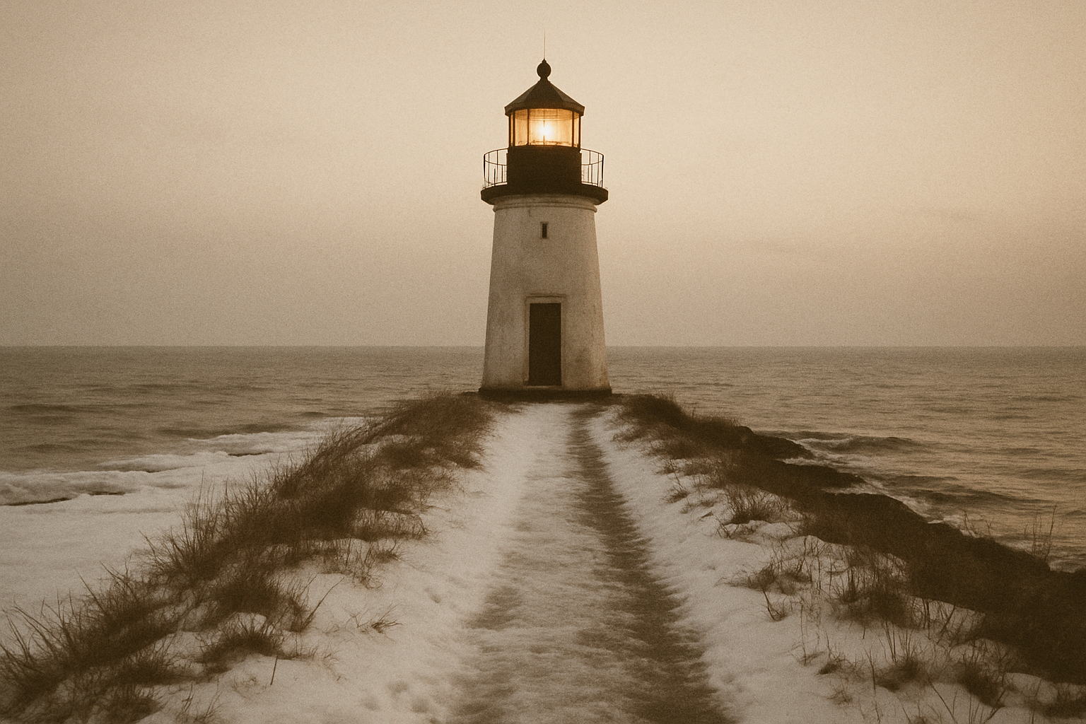 Historic shoreline photo of a lighthouse beacon seen from an icy approach path at twilight