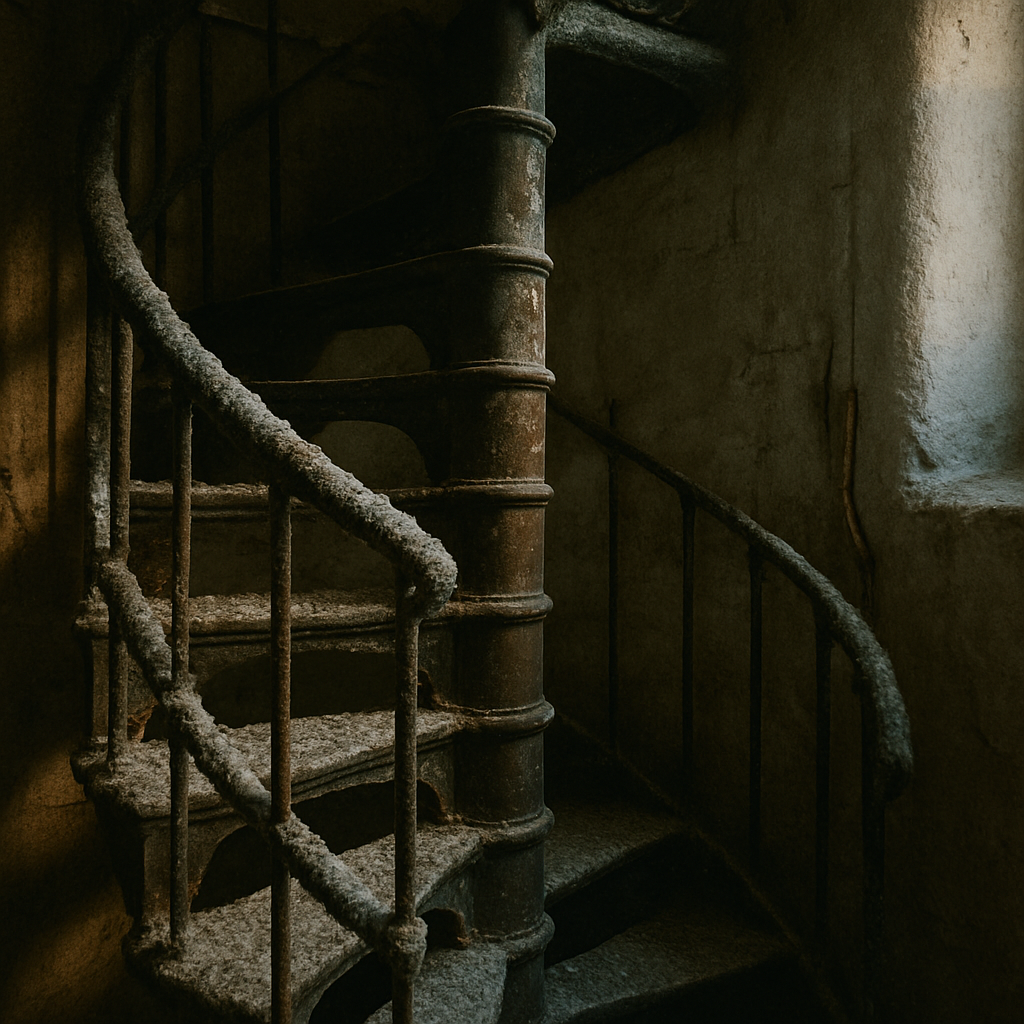 Warm-toned archival interior image of spiral cast-iron lighthouse stair dusted with winter salt