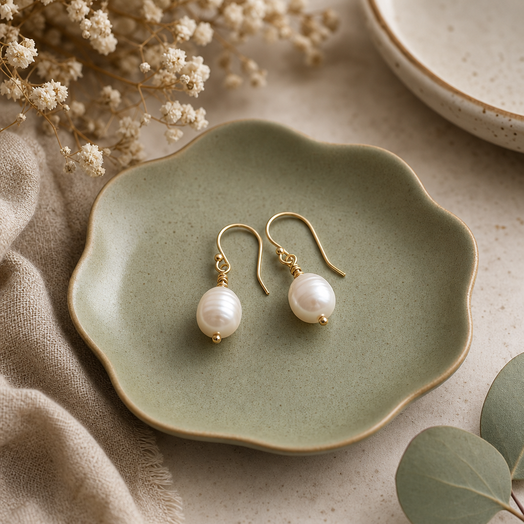 Pair of handcrafted pearl drop earrings resting on a sage green ceramic tray