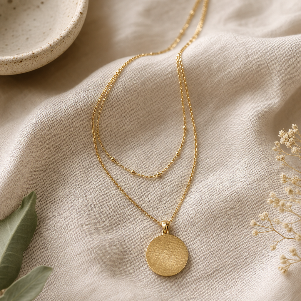 Layered gold necklace with a brushed pendant arranged on soft neutral fabric