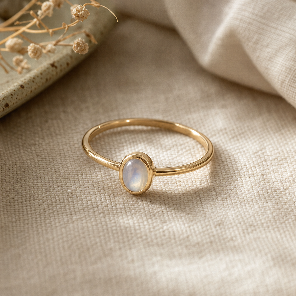 Delicate gold ring with a tiny moonstone set on a linen surface