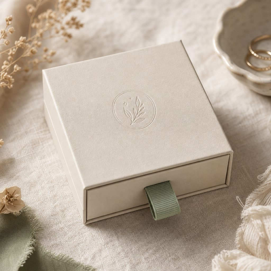 Neutral jewelry gift box with soft beige lid and a small sage ribbon