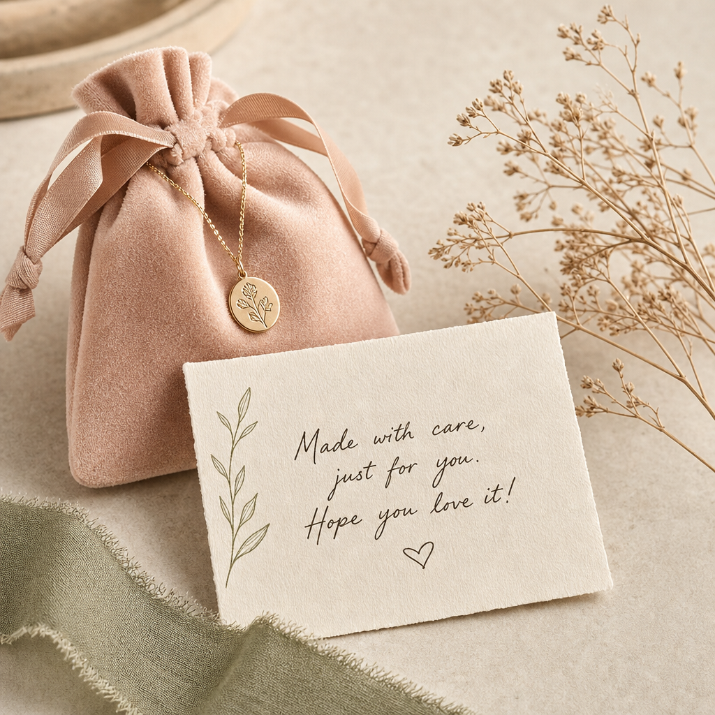 Small handwritten gift note card resting beside a velvet jewelry pouch