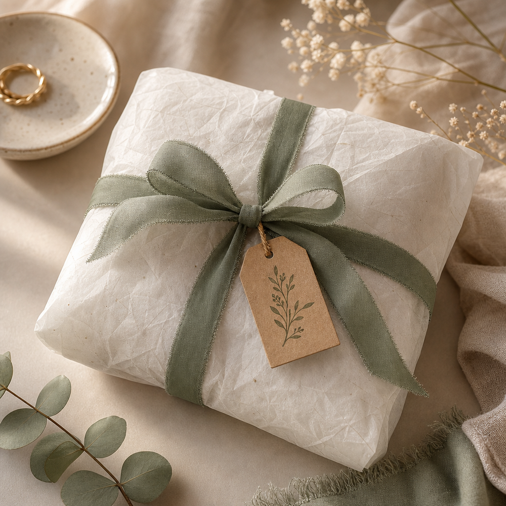 Hand-wrapped jewelry parcel with sage ribbon and textured tissue paper