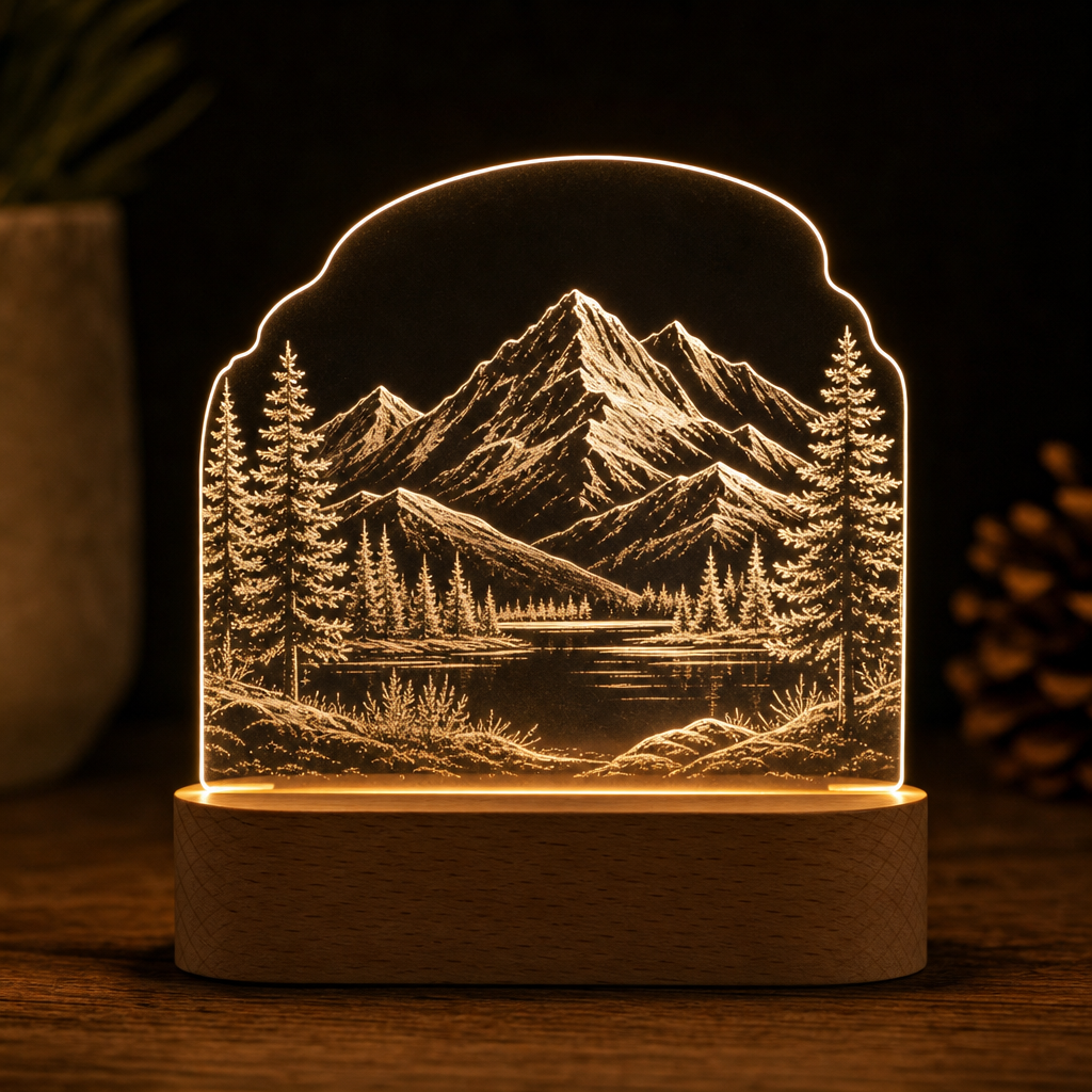 Clear acrylic night light engraved with mountain scene, glowing on warm wood base
