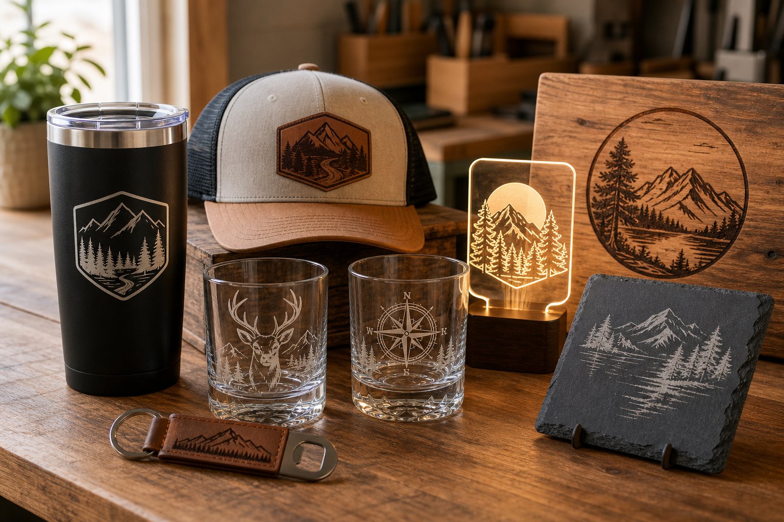 Assortment of laser engraved products including a powder-coated tumbler, leather patch hat, etched glassware, acrylic night light, slate tile, and wooden sign arranged on a workbench