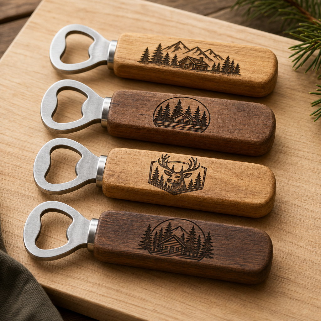 Wood-handled bottle openers with engraved lodge-style logos