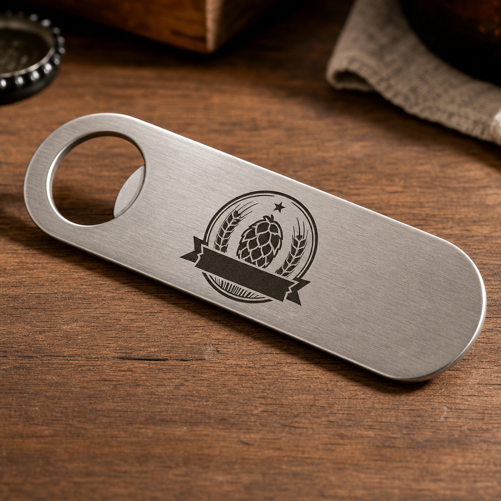 Brushed steel bottle opener with dark engraved brewery logo