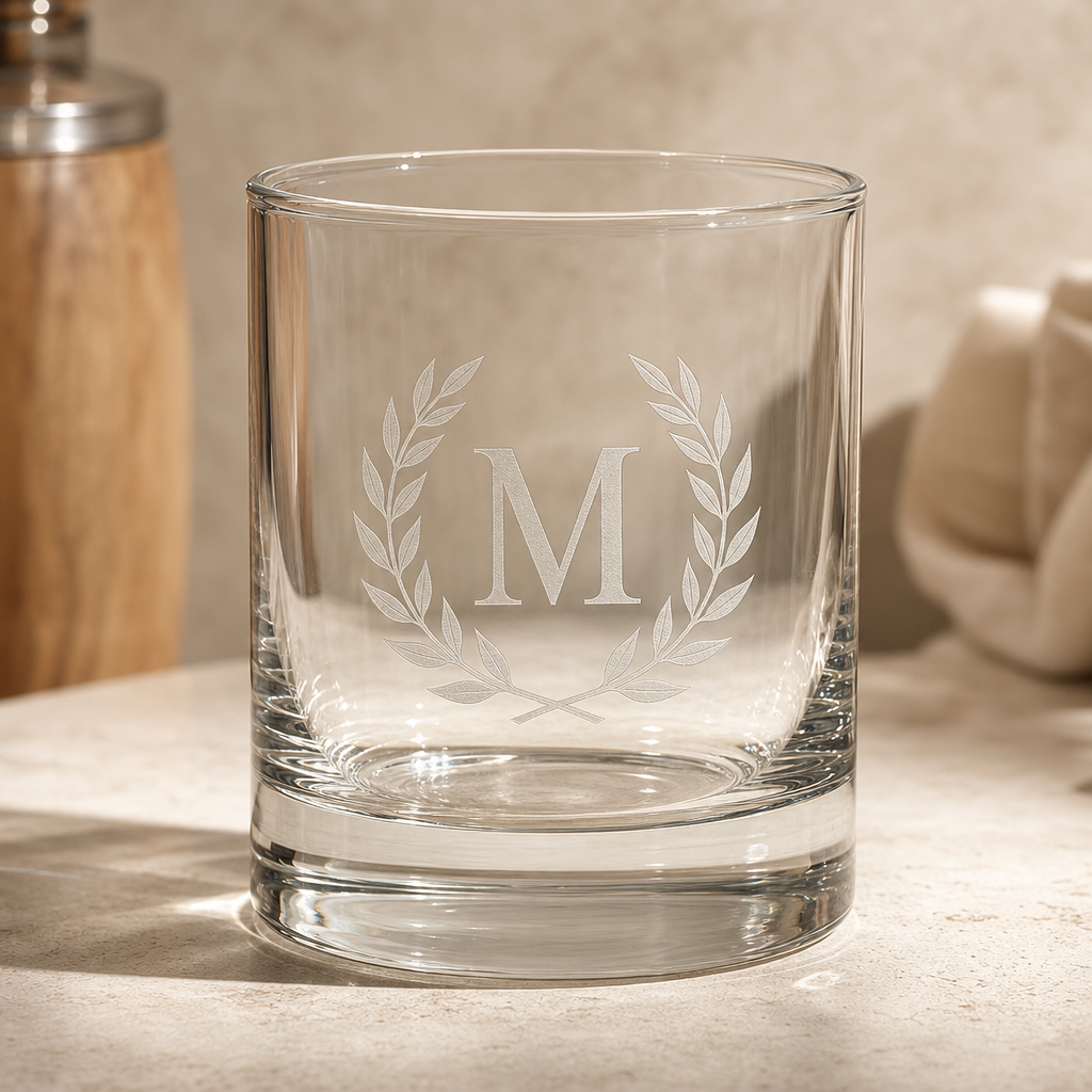 Clear rocks glass etched with a minimalist monogram and laurel wreath