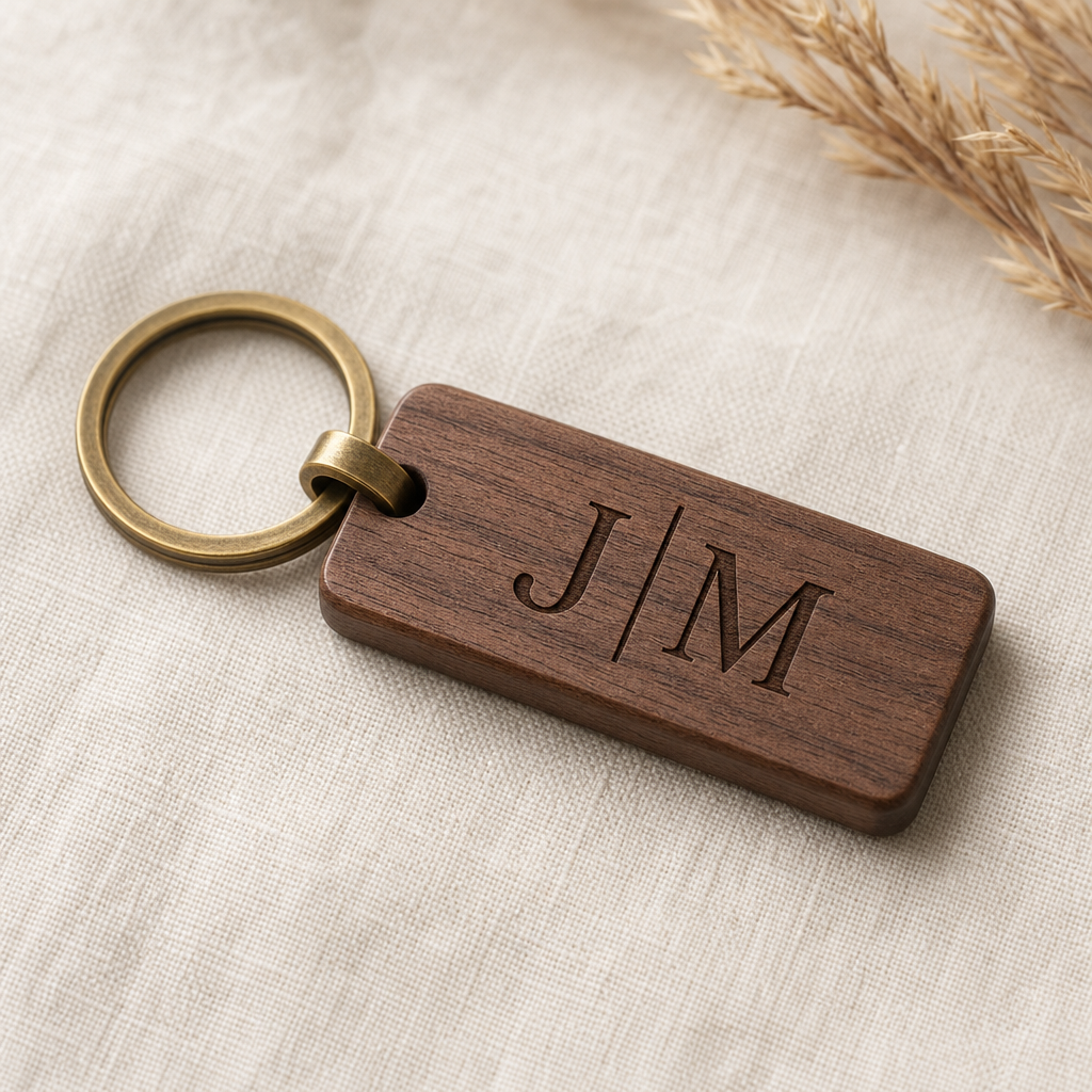 Rectangular walnut wood key chain with a brass ring and engraved initials