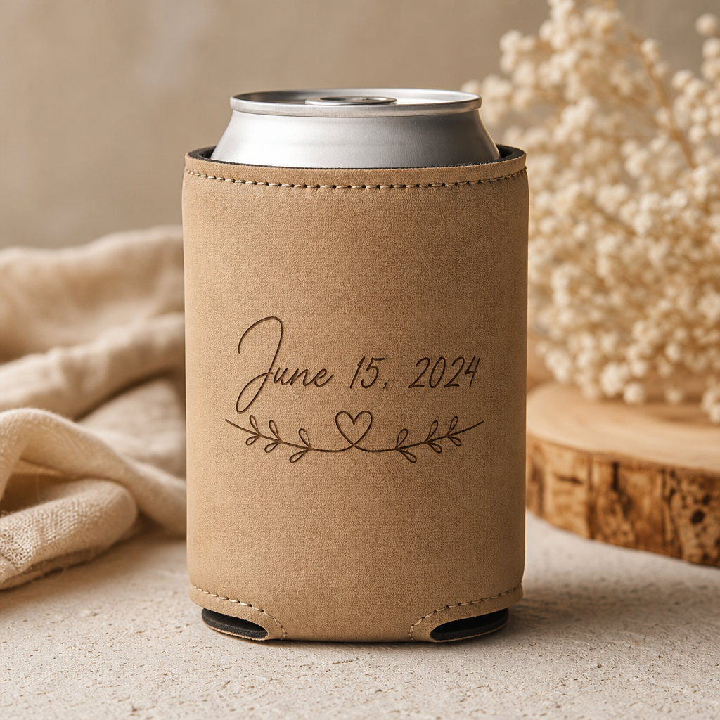 Sand-colored leatherette koozie with engraved script wedding date