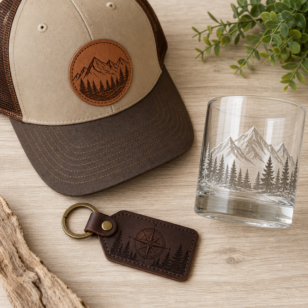 Flat lay of engraved leather patch hat, key chain, and glassware on a clean wooden surface