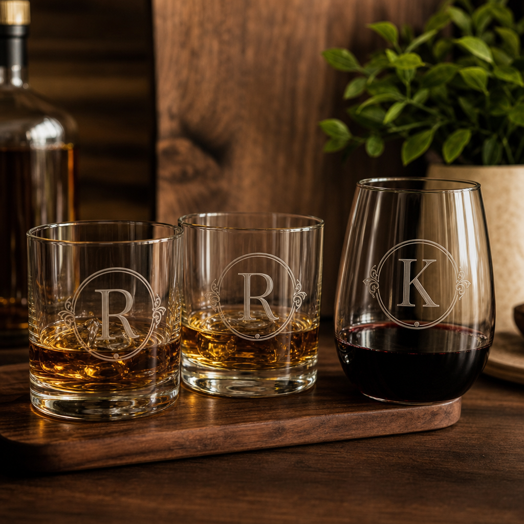 Set of engraved whiskey glasses and stemless wine glass on wood surface with etched monogram