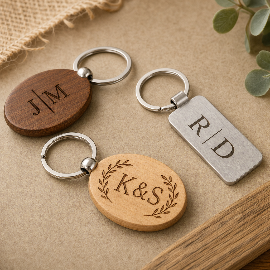 Assorted wooden and aluminum key chains with engraved initials and clean metal rings