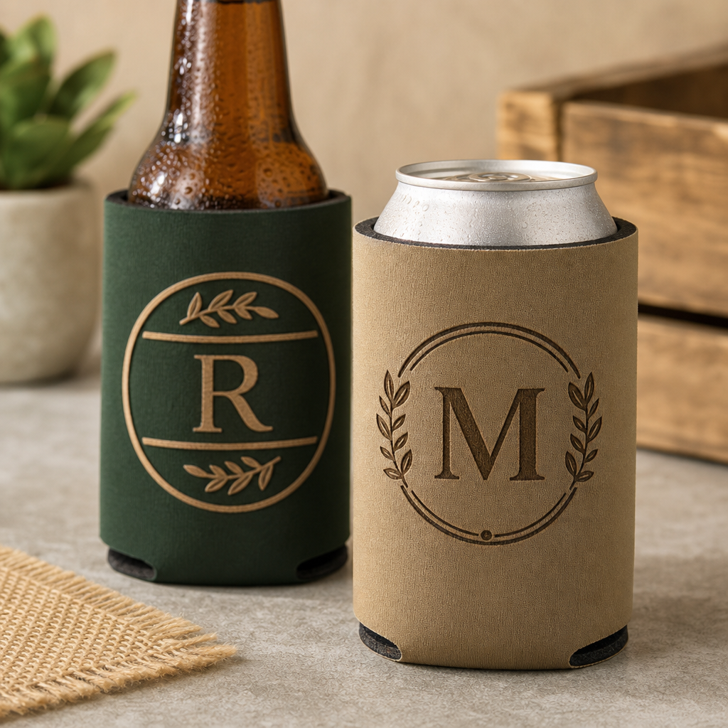 Neoprene drink koozies in forest green and sandstone with laser engraved monograms