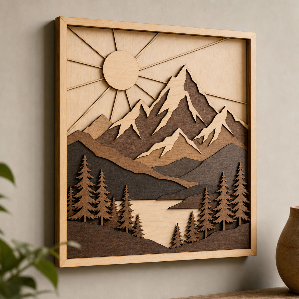 Layered birch wood laser art panel featuring a geometric mountain landscape