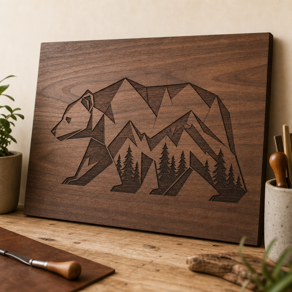 Laser engraved wall art panel featuring geometric bear illustration in dark walnut wood