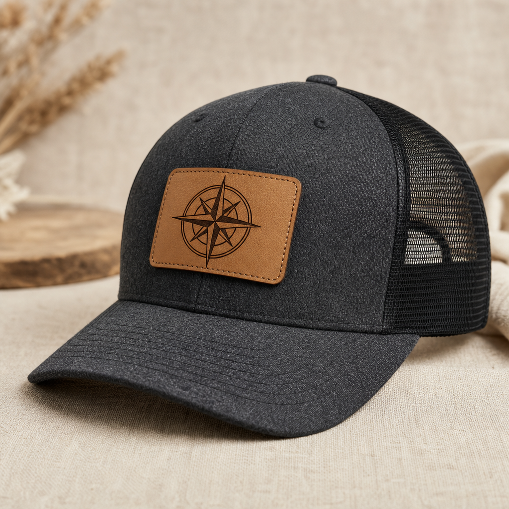 Charcoal heather trucker hat with a tan leatherette patch engraved with a compass emblem