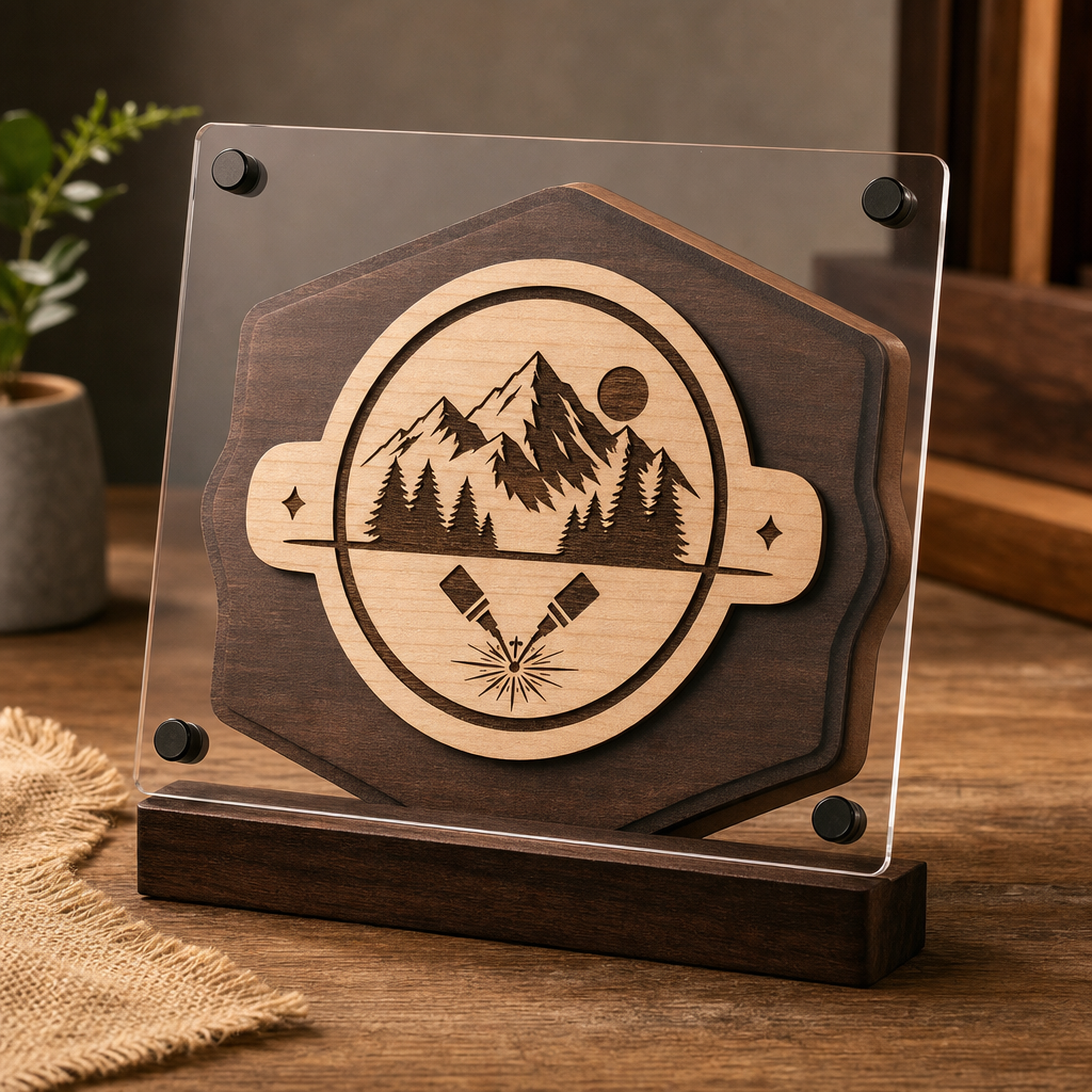 Wood and acrylic mixed-material sign display with engraved business logo