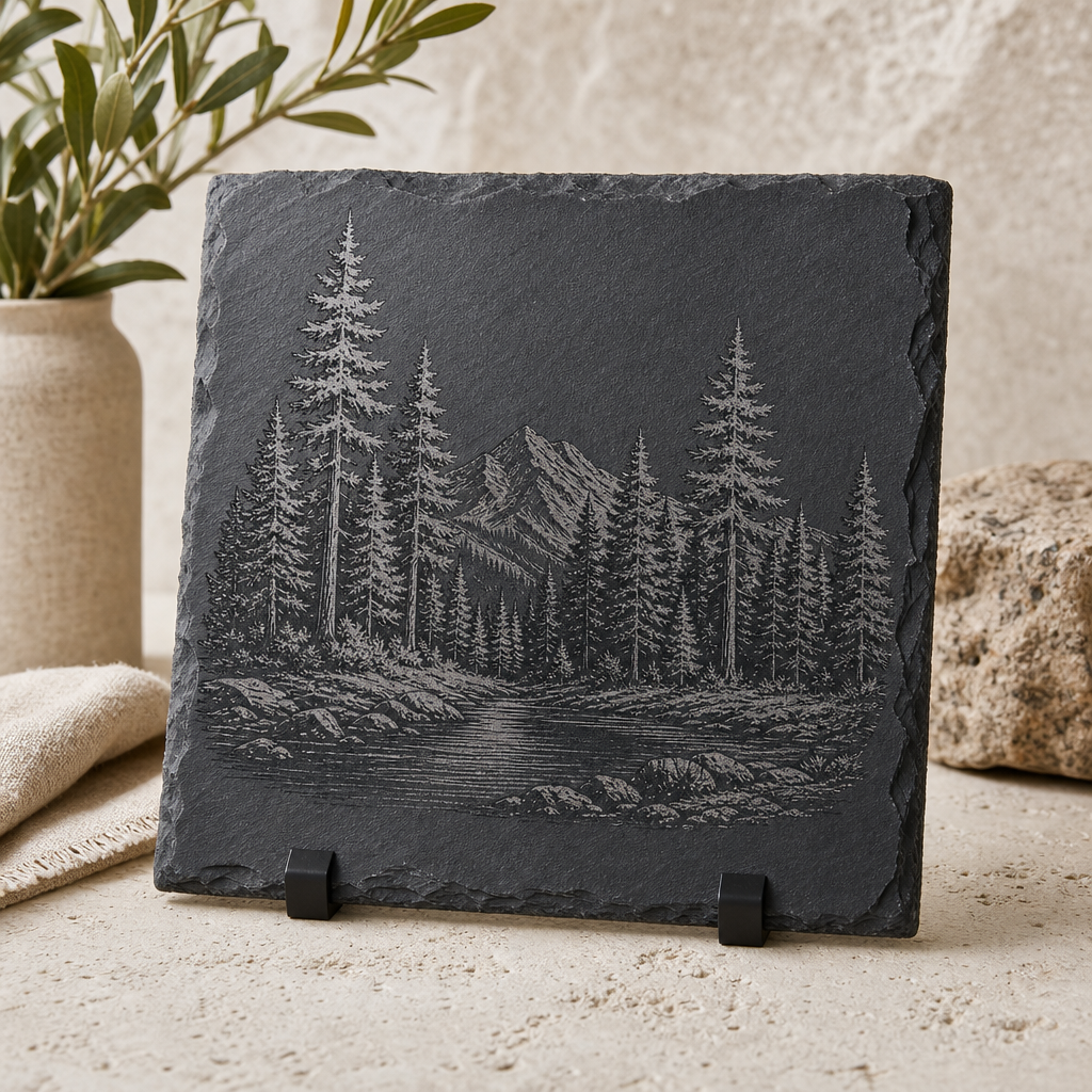 Dark slate tile engraved with a scenic tree line illustration