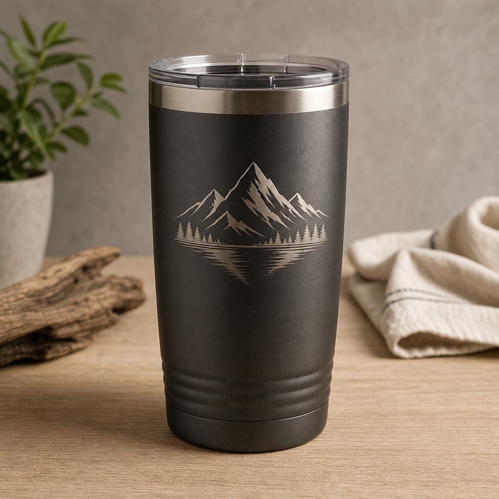 Matte charcoal stainless steel tumbler with a crisp laser engraved mountain logo
