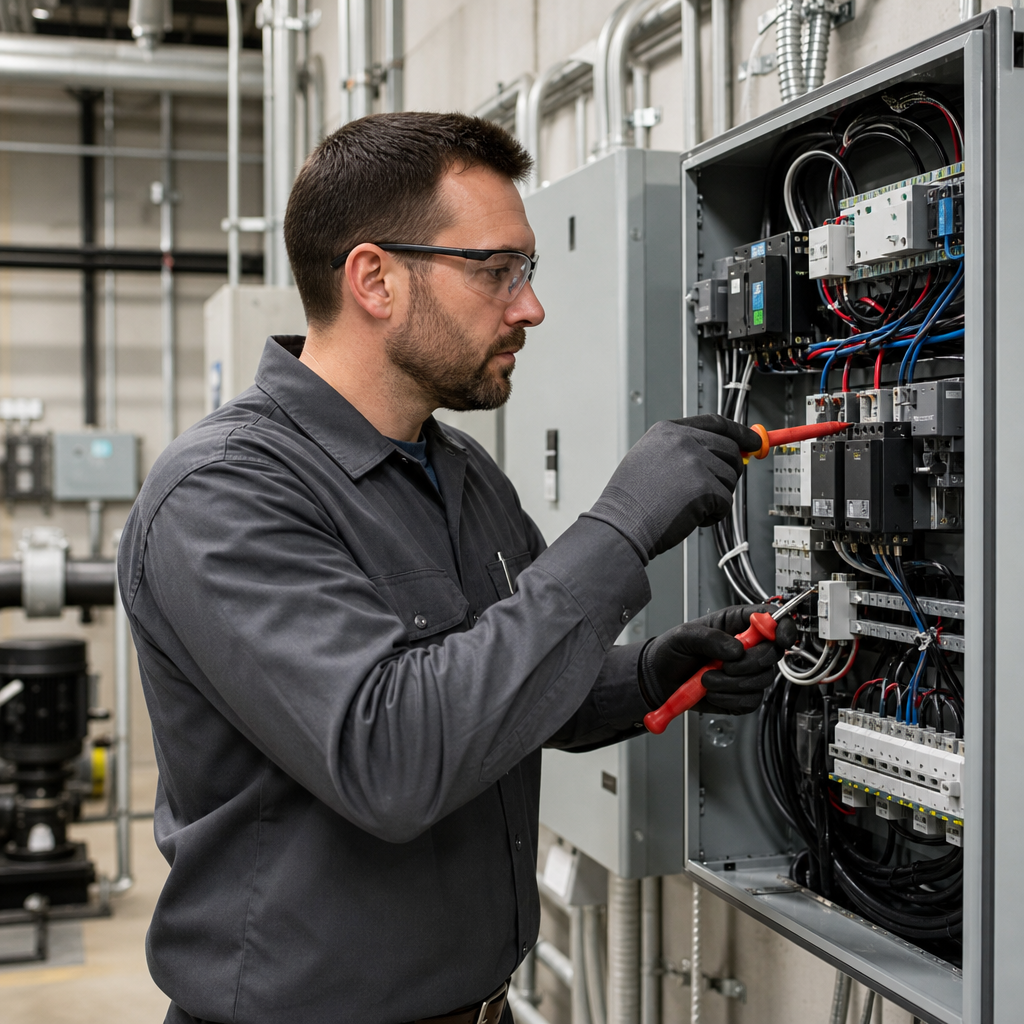 Technician servicing an industrial control panel in a mechanical room