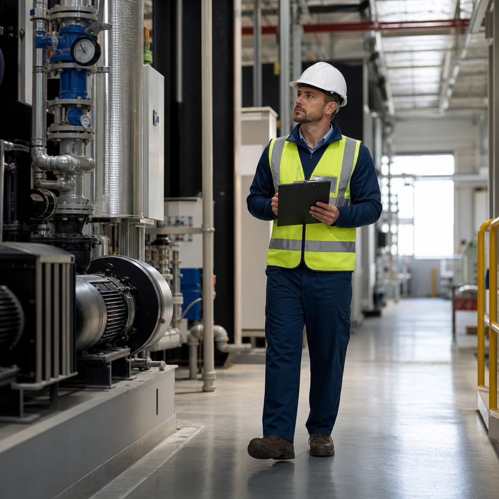 Facility maintenance specialist conducting a walkthrough inspection on a commercial floor