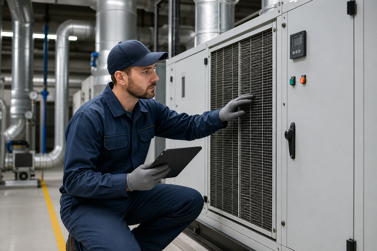 Facility maintenance technician inspecting commercial HVAC equipment in a modern mechanical room