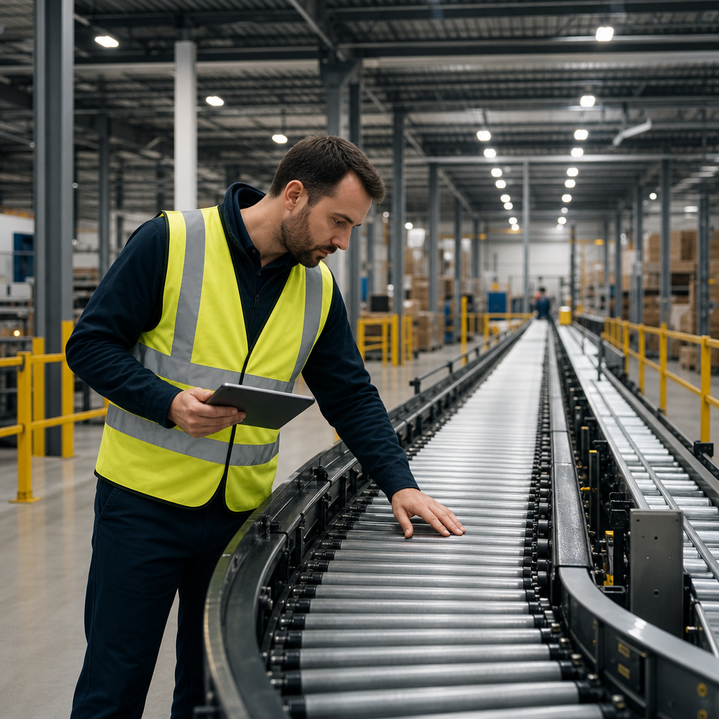 Warehouse technician inspecting a conveyor line and guard rails along a material handling system in a clean distribution center