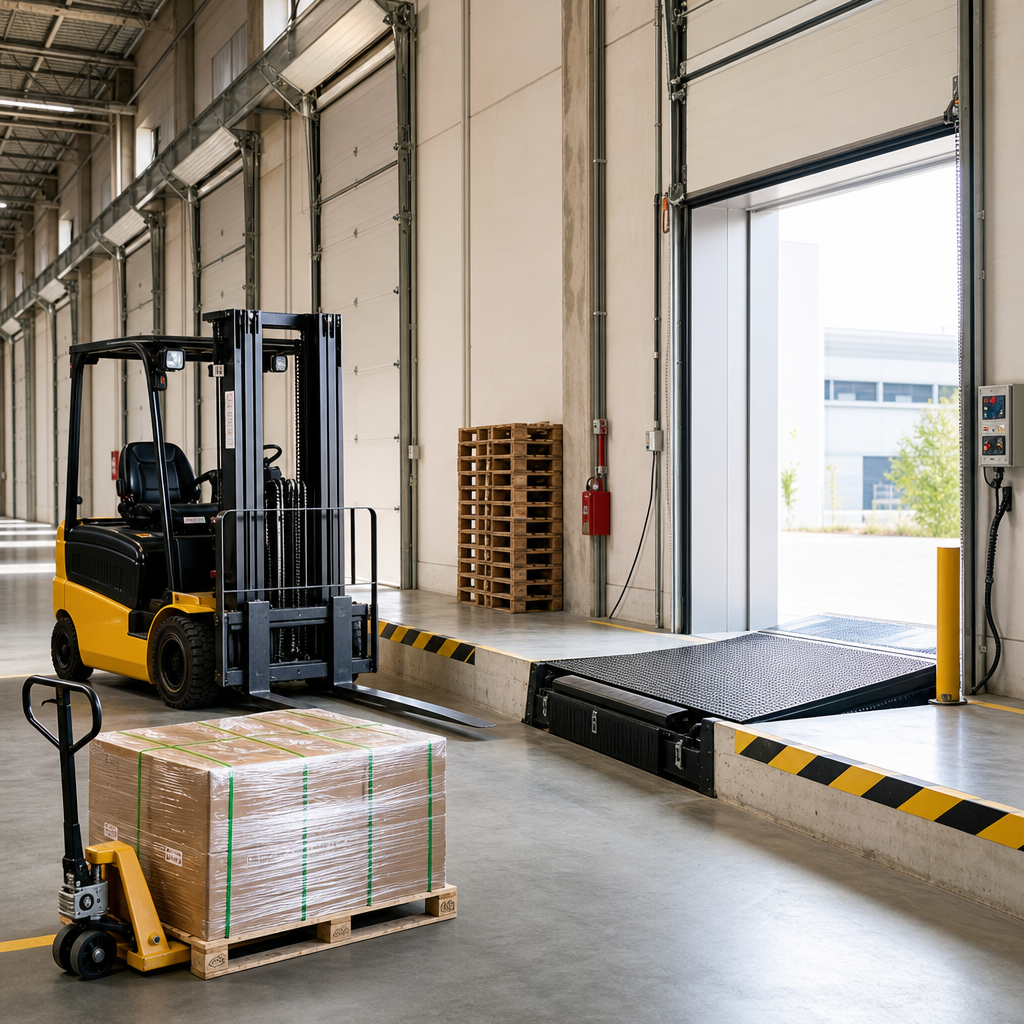 Forklift and pallet jack operating near a dock leveler with stacked pallets in a modern commercial warehouse
