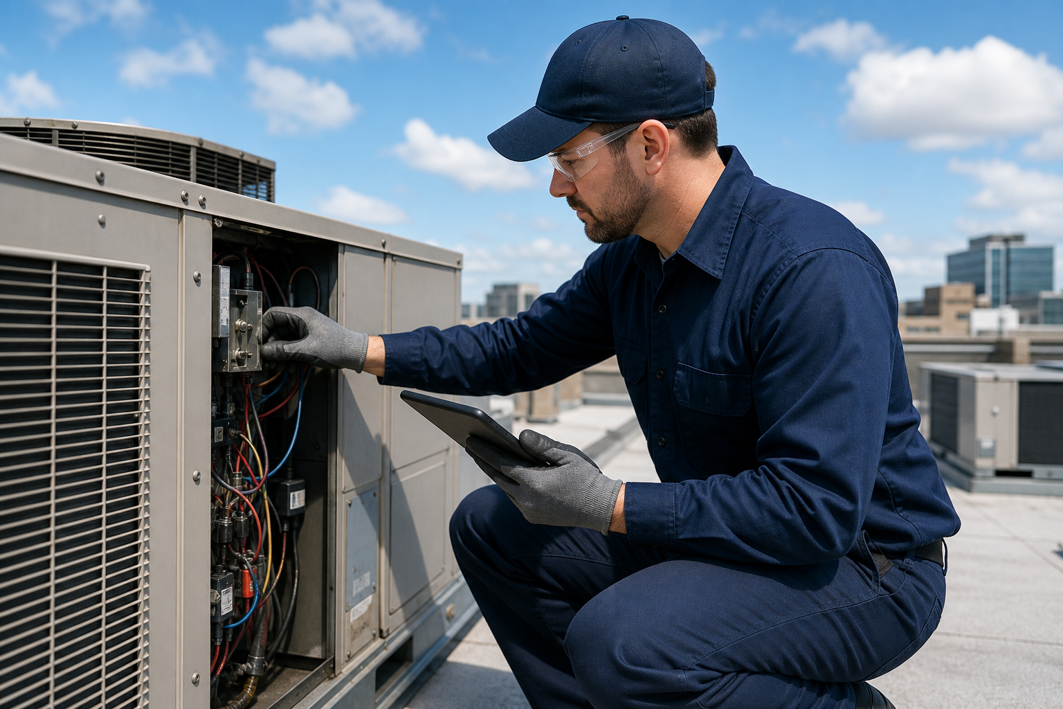 Commercial maintenance technician inspecting rooftop equipment