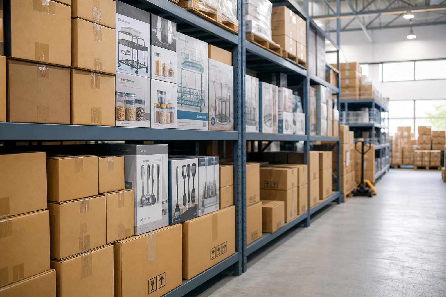 Stacked cartons of kitchen goods prepared for shipment in a bright warehouse