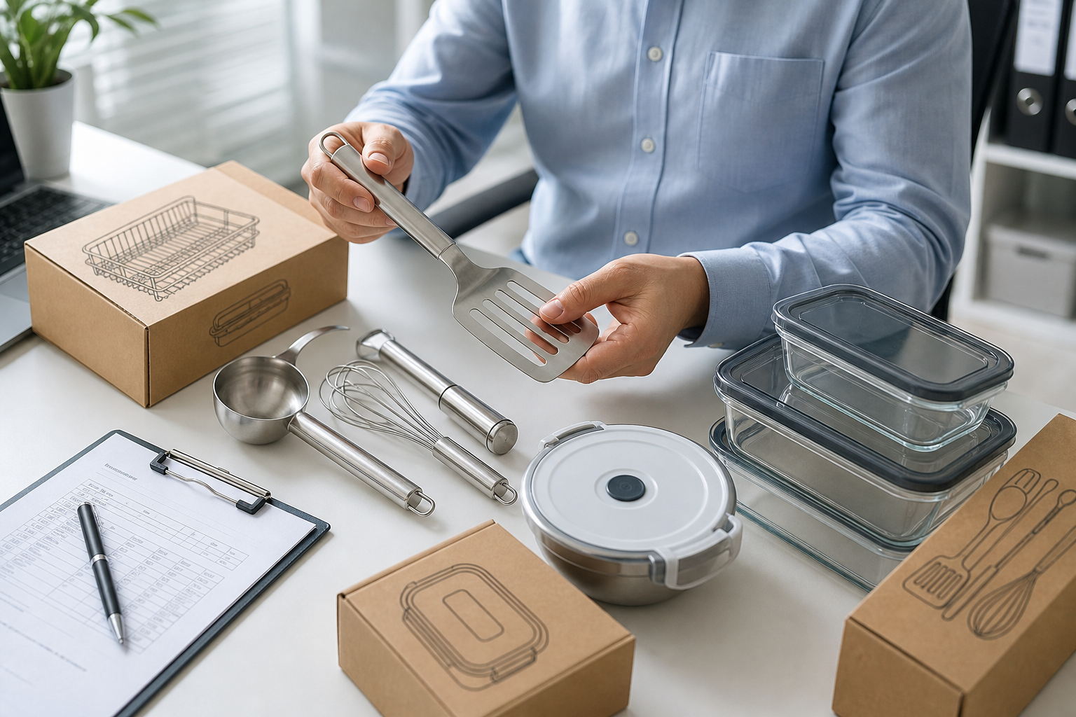 B2B sourcing manager reviewing kitchen tool samples with a clipboard on a clean table