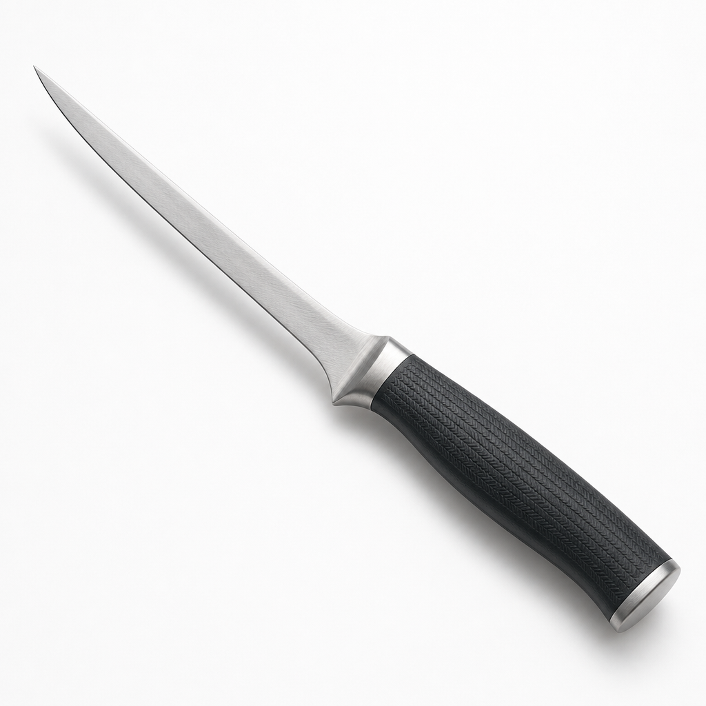 Slim boning knife with narrow stainless blade and dark textured handle