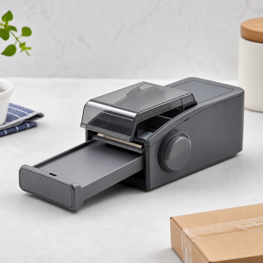 Box slide cutter with grey body, sliding tray, and safety lid