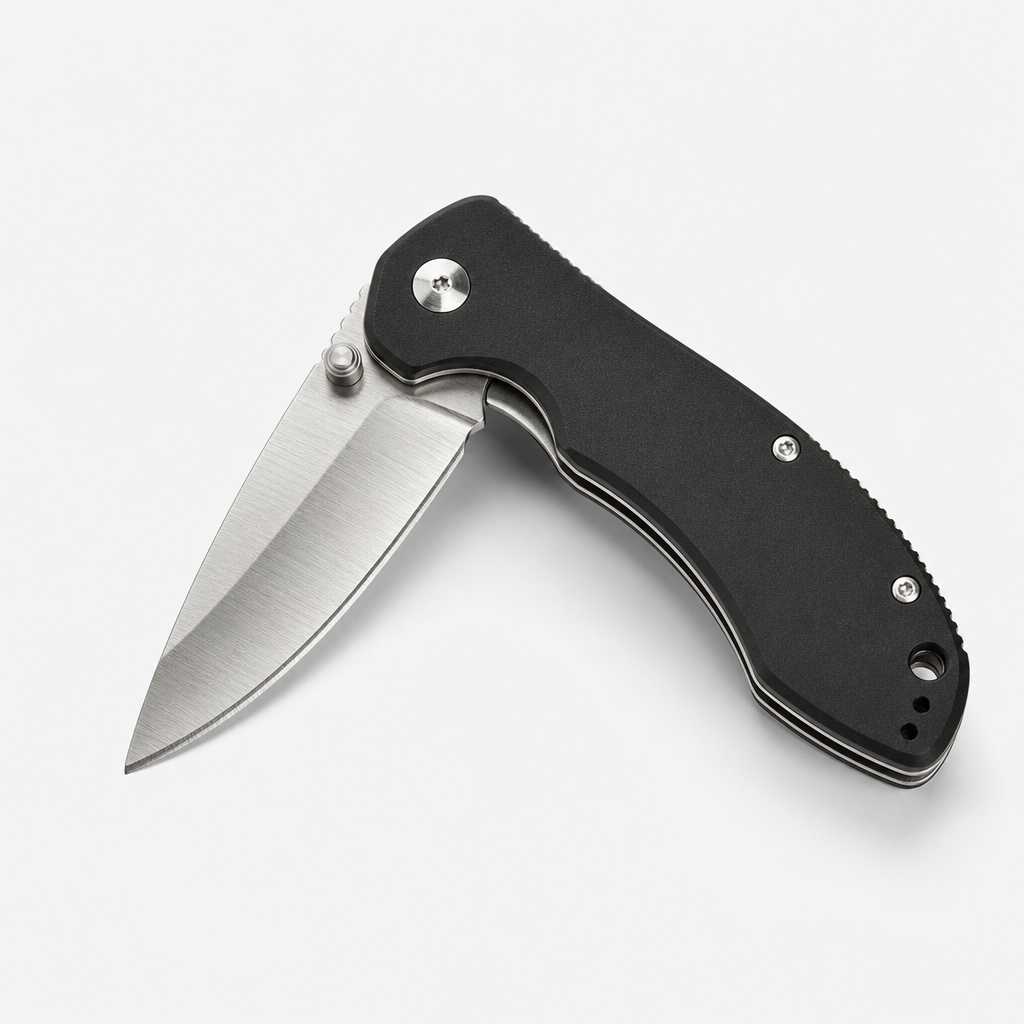 Camping folding knife with brushed stainless blade and matte black handle