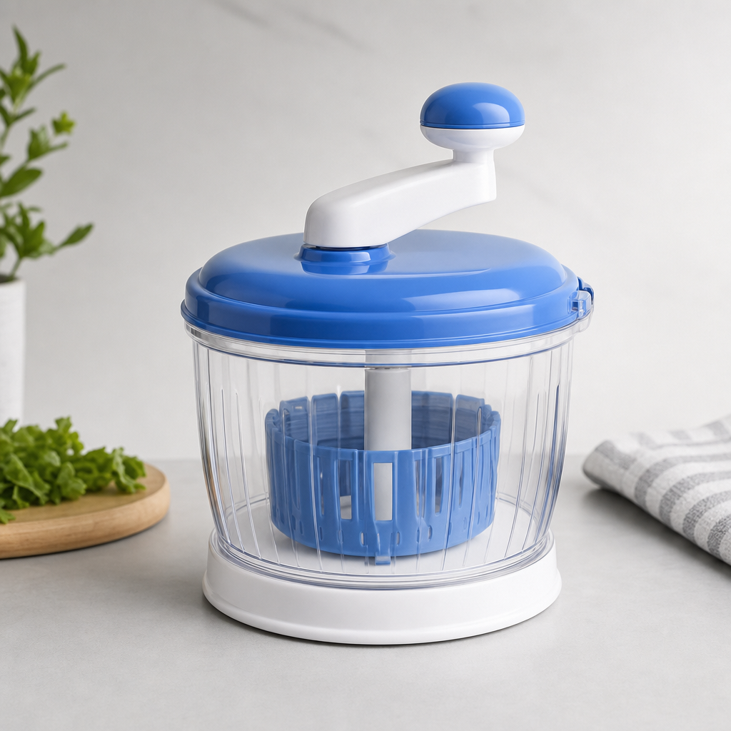 Centrifugal shredder with clear bowl and blue lid