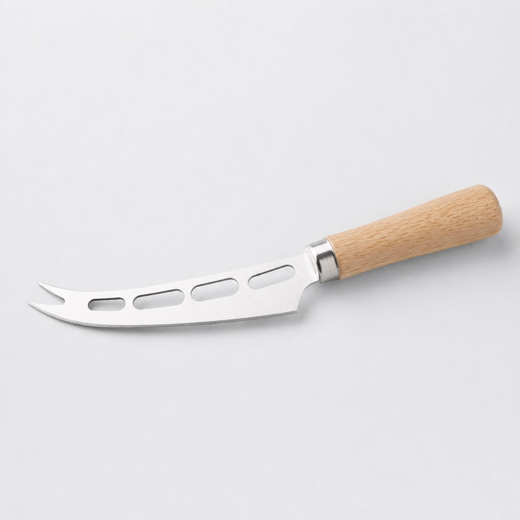 Cheese knife with perforated stainless blade and light wooden handle