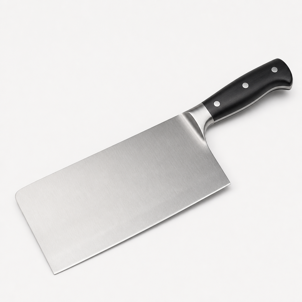 Chinese slicing cleaver knife with a wide stainless steel blade and dark ergonomic handle