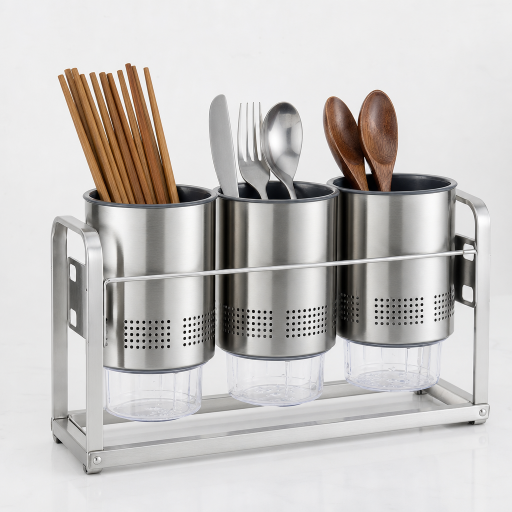Chopstick compartment rack with clear drainage cups and steel stand